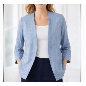 NWT Talbots Petites Blue Linen Blend Open Front Collarless Blazer Jacket 6P